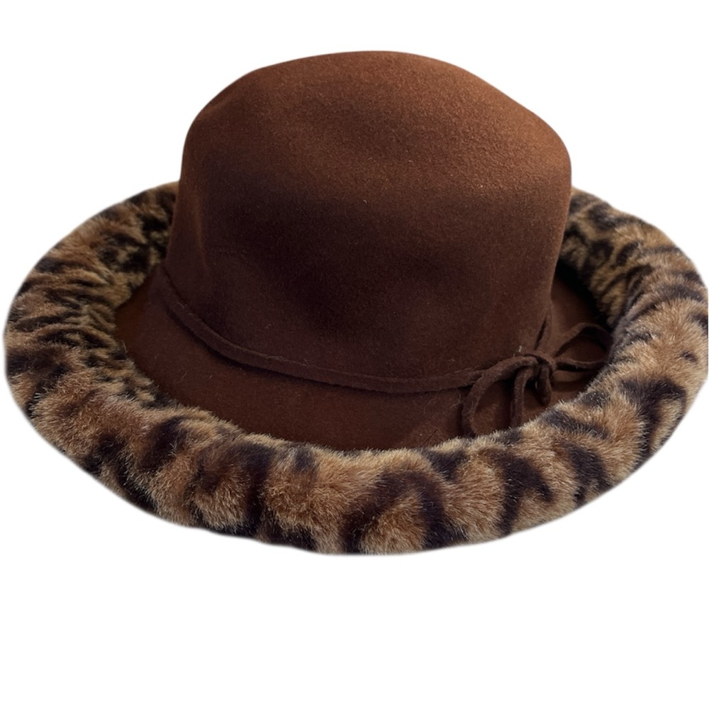 Vintage Fall Wool Brown Hat w/Animal Faux Fur Print Trim - Picture 3 of 13